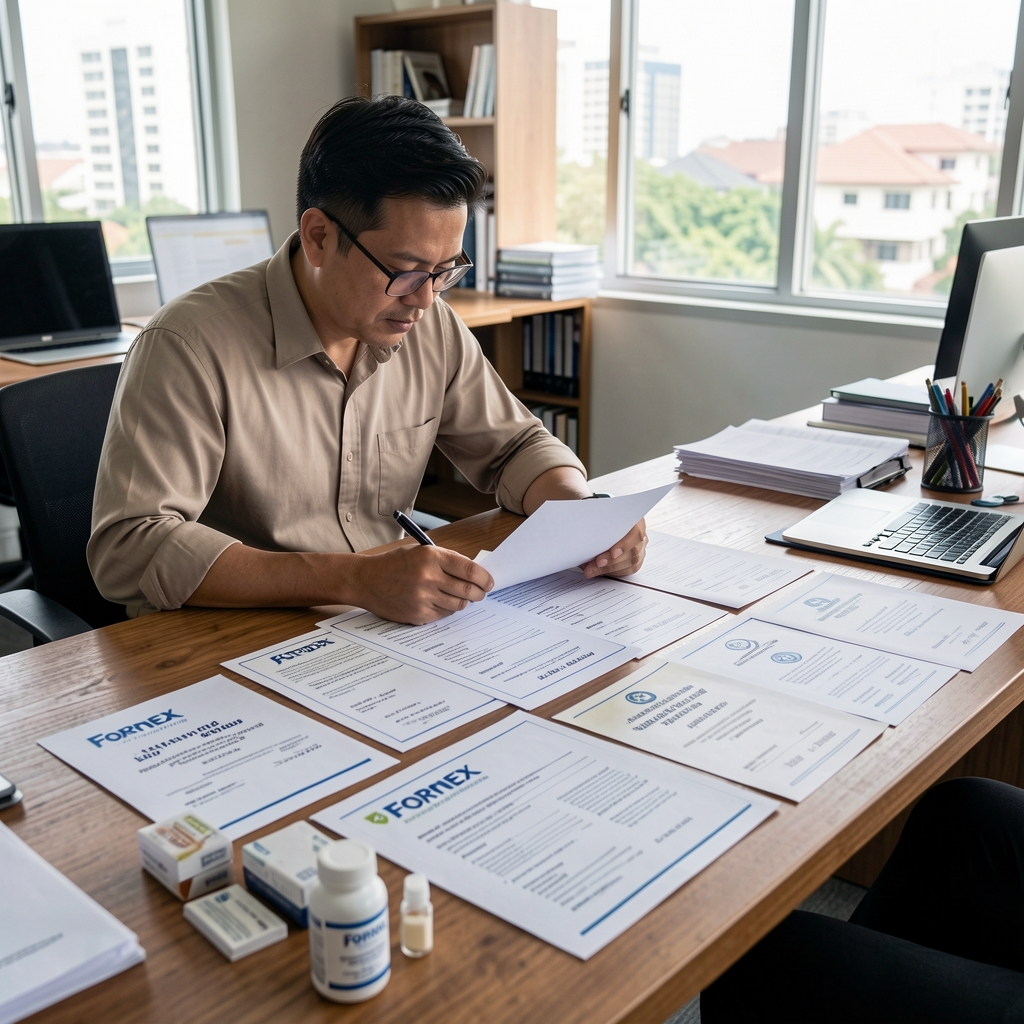 Fornex founding specialist reviewing printed batch documentation and ingredient sourcing certificates spread across a large wooden desk in a Jakarta workspace