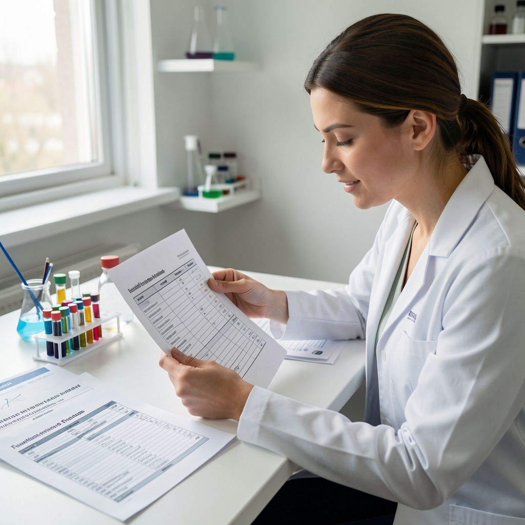 Nutrition specialist reviewing a printed formulation record at a clean desk, surrounded by ingredient specification sheets and laboratory analysis reports in a calm workspace
