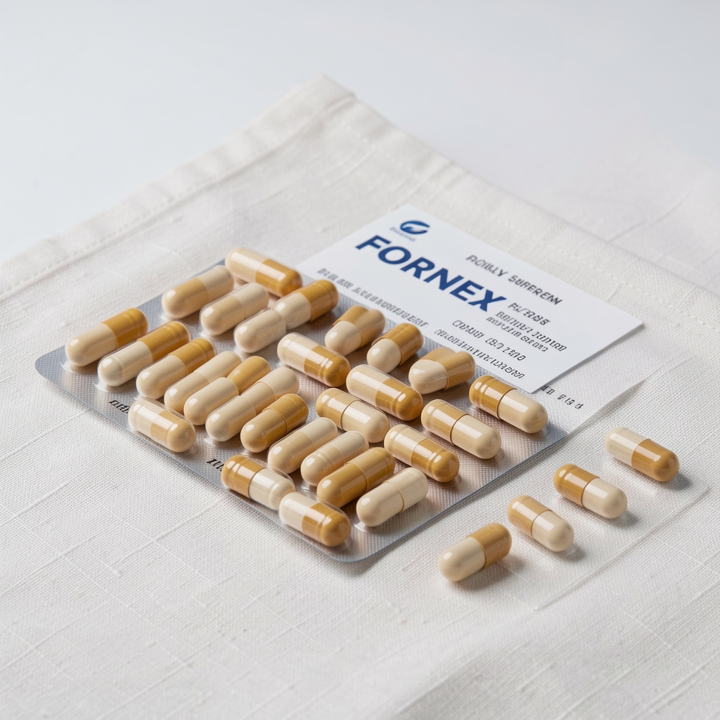 Fornex daily supplement capsules arranged methodically on a clean linen surface under controlled studio lighting, with batch documentation visible alongside