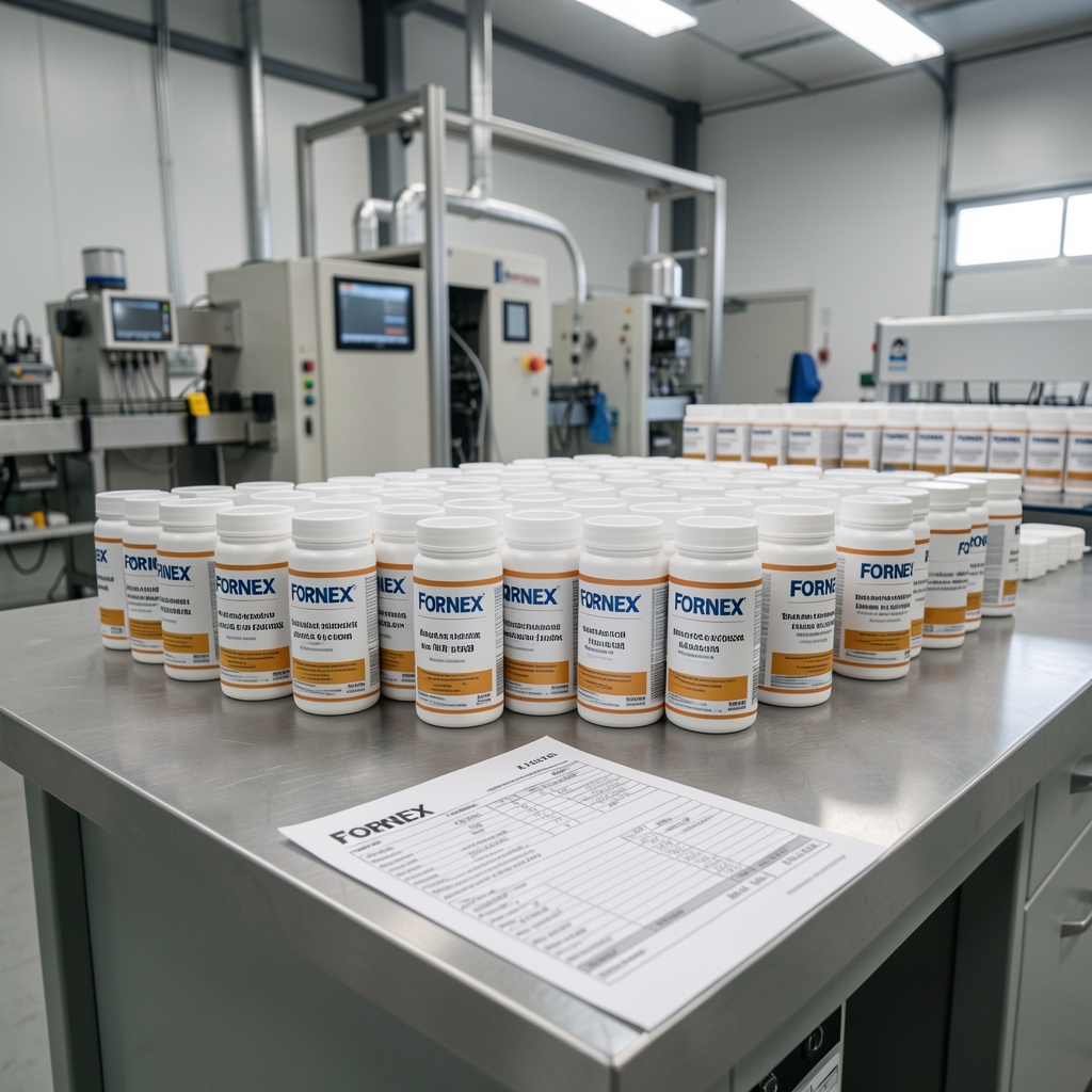 Quality-control bench at Fornex facility showing batch-coded supplement containers arranged in rows under studio lighting, lot documentation visible in foreground
