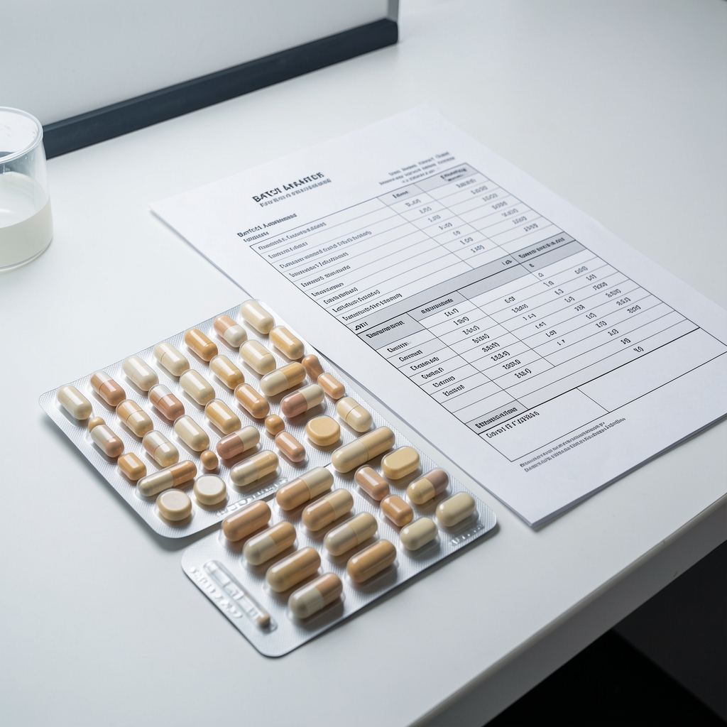 Clean quality-control workbench with supplement capsules arranged in grid pattern, printed batch analysis report, and lot documentation visible under controlled studio lighting