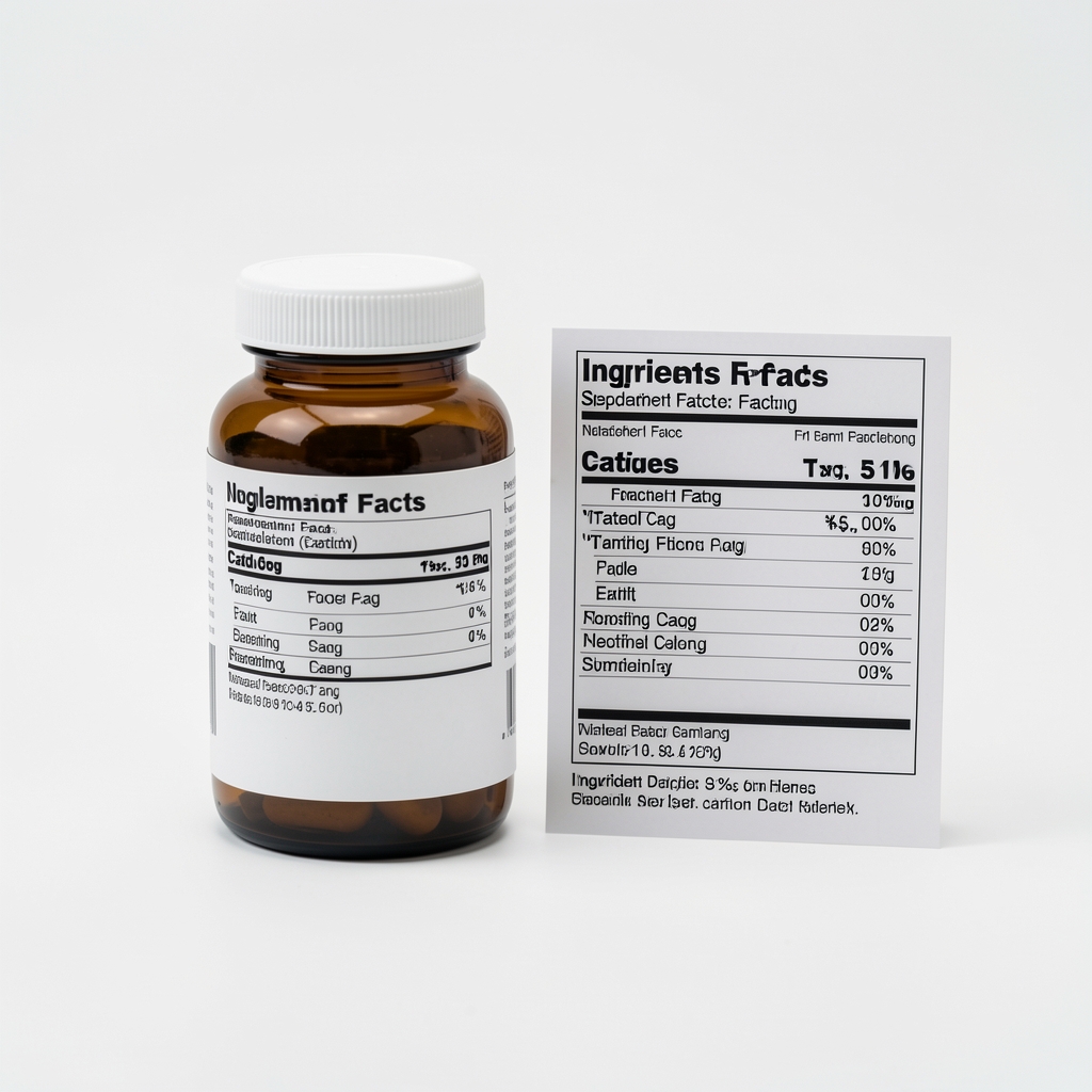 Fornex Complete Daily Complex supplement bottle on a clean white surface with batch documentation card and ingredient specification sheet visible beside it under studio lighting